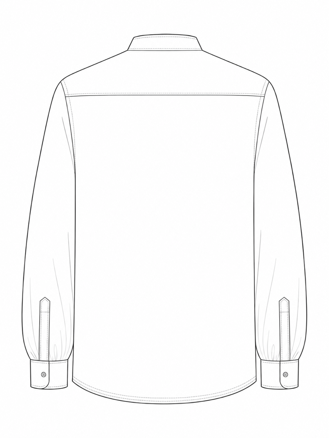 Men's Shirt on placket with stand collar: technical back view.