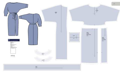 Dress with one-piece sleeves pattern sheet, showing the complete pattern pieces.