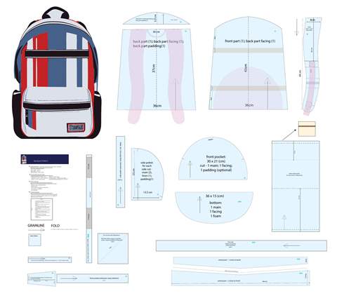 Medium backpack pattern sheet, showing the complete pattern pieces.