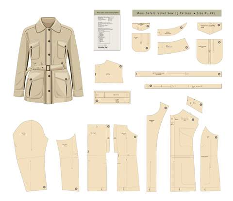 Men's Safari Jacket pattern sheet, showing the complete pattern pieces.
