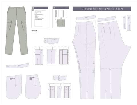 Men's Cargo military style pants pattern sheet, showing the complete pattern pieces.