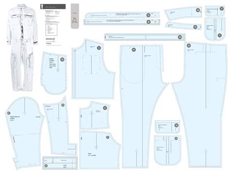 Men's jumpsuit pattern sheet, showing the complete pattern pieces.