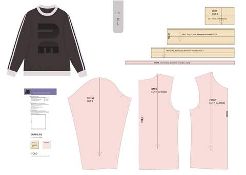 Men's longsleeve sweatshirt pattern sheet, showing the complete pattern pieces.