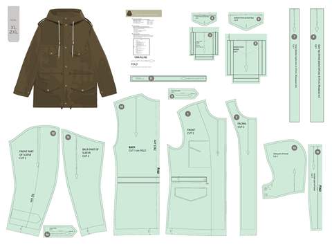 Men's military-style parka pattern sheet, showing the complete pattern pieces.