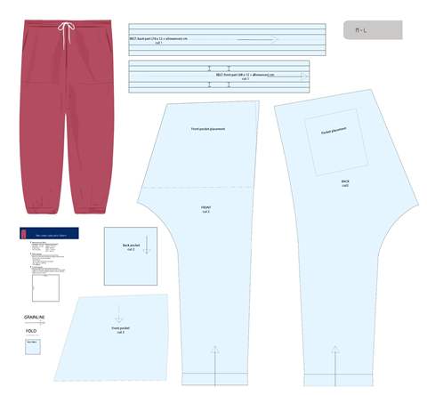 Men's street style pants with oversize hip pockets pattern sheet, showing the complete pattern pieces.