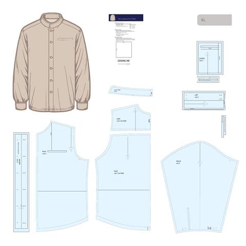 Men's Shirt on placket with stand collar pattern sheet, showing the complete pattern pieces.