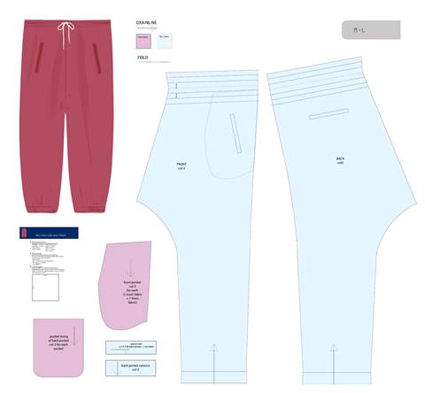 Men's street style pants pattern sheet, showing the complete pattern pieces.