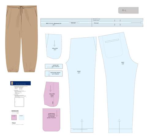 Men's Tobi style pants pattern sheet, showing the complete pattern pieces.