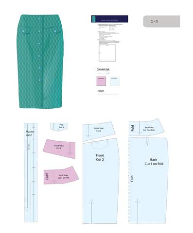 Pencil Skirt pattern sheet, showing the complete pattern pieces.