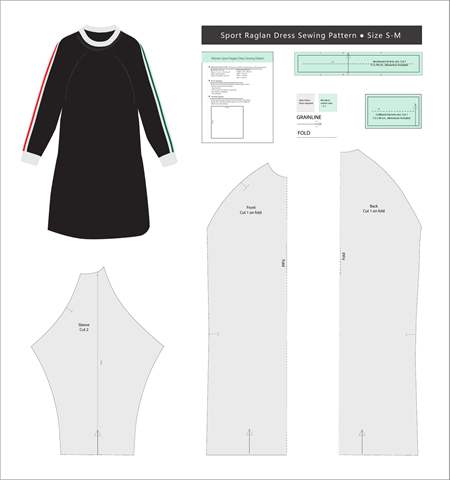 Sport dress with raglan sleeve pattern sheet, showing the complete pattern pieces.