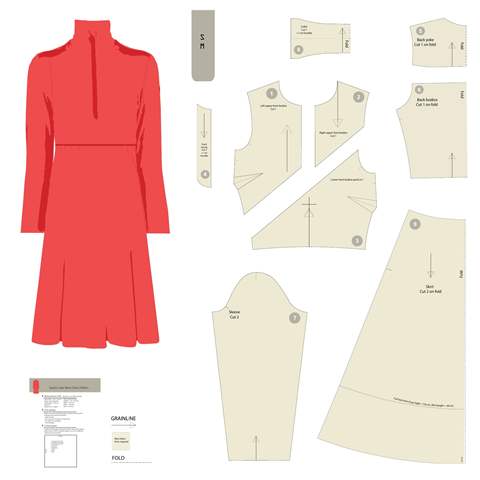 Two-colour sport midi dress pattern sheet, showing the complete pattern pieces.