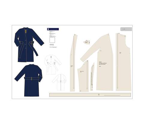 Boiled wool coat with one-piece sleeve pattern sheet, showing the complete pattern pieces.