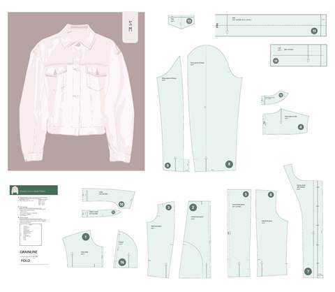 Women's denim jacket pattern sheet, showing the complete pattern pieces.