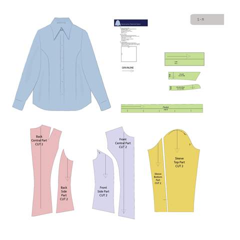 Women's fitted shirt pattern sheet, showing the complete pattern pieces.