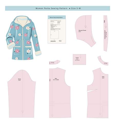 Women's Organza Parka pattern sheet, showing the complete pattern pieces.