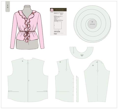 Women's ruffle blouse pattern sheet, showing the complete pattern pieces.