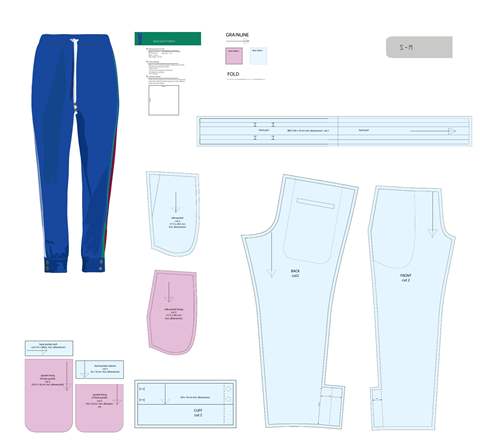 Women's sport pants pattern sheet, showing the complete pattern pieces.