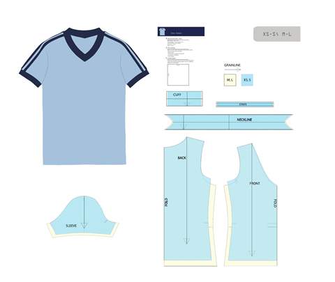 Women's T-shirt pattern sheet, showing the complete pattern pieces.