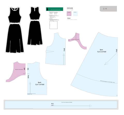 Women's dress with gathered waist pattern sheet, showing the complete pattern pieces.