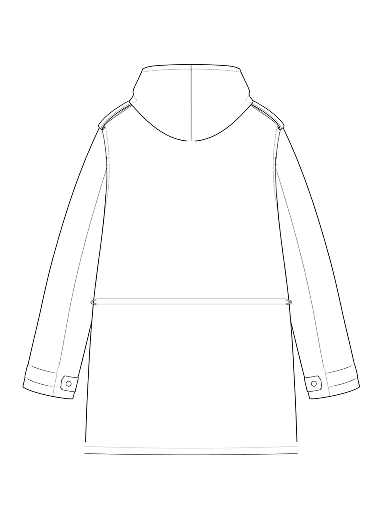 Men's military-style parka: technical back view.