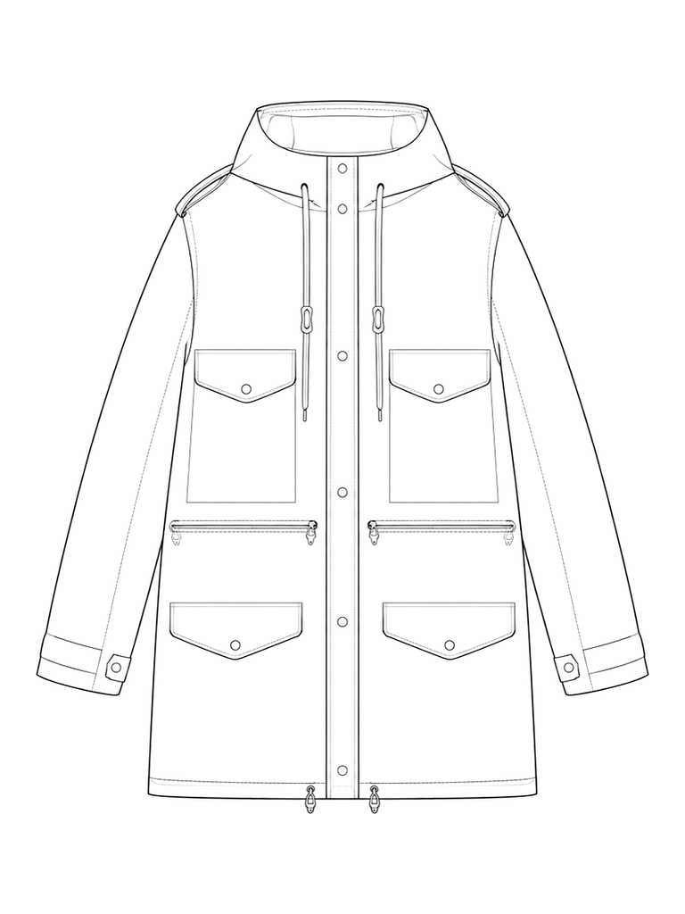 Men's military-style parka: technical front view.