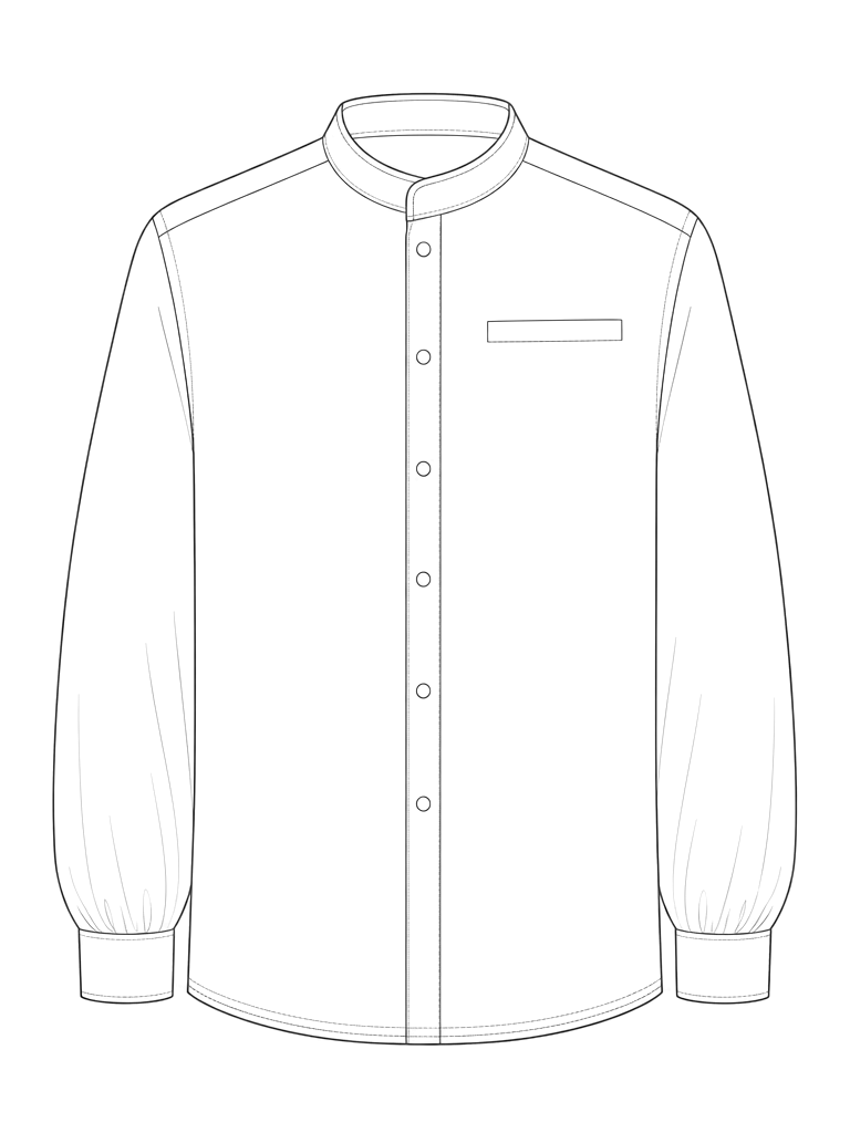 Men's Shirt on placket with stand collar: technical front view.