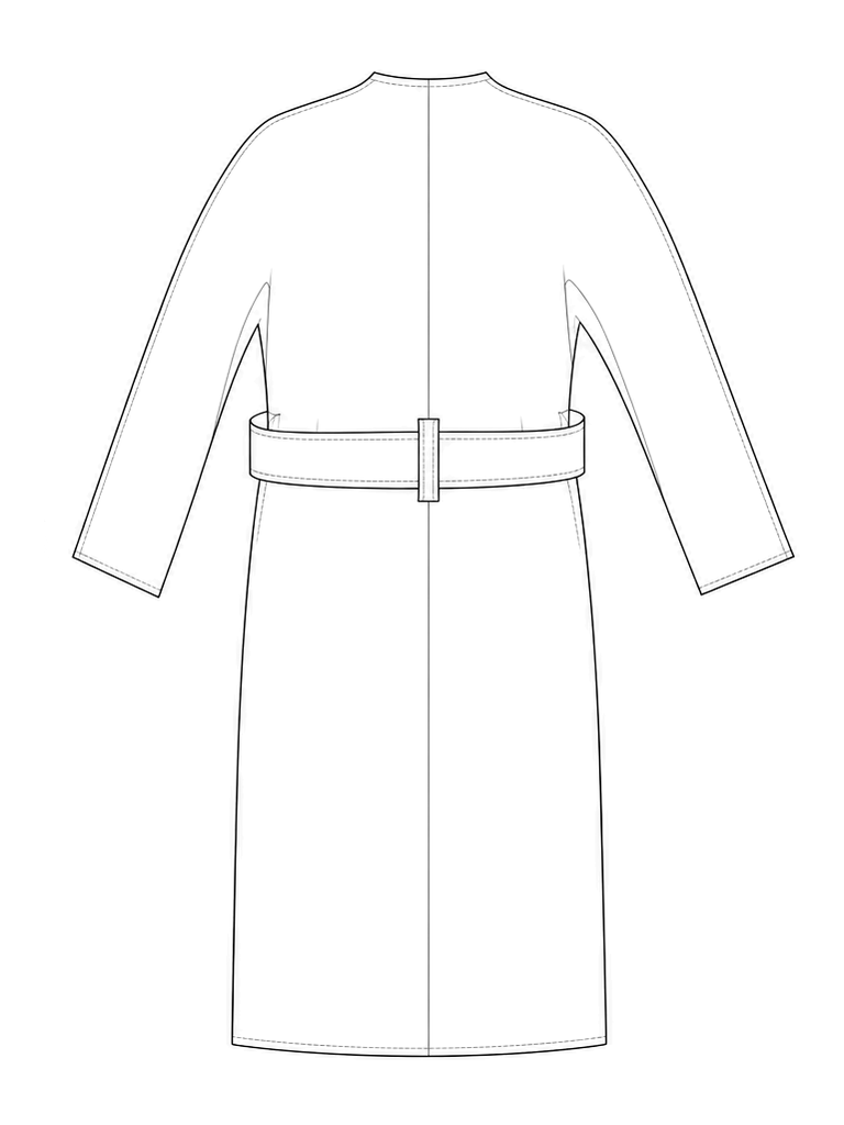 Boiled wool coat with one-piece sleeve: technical back view.