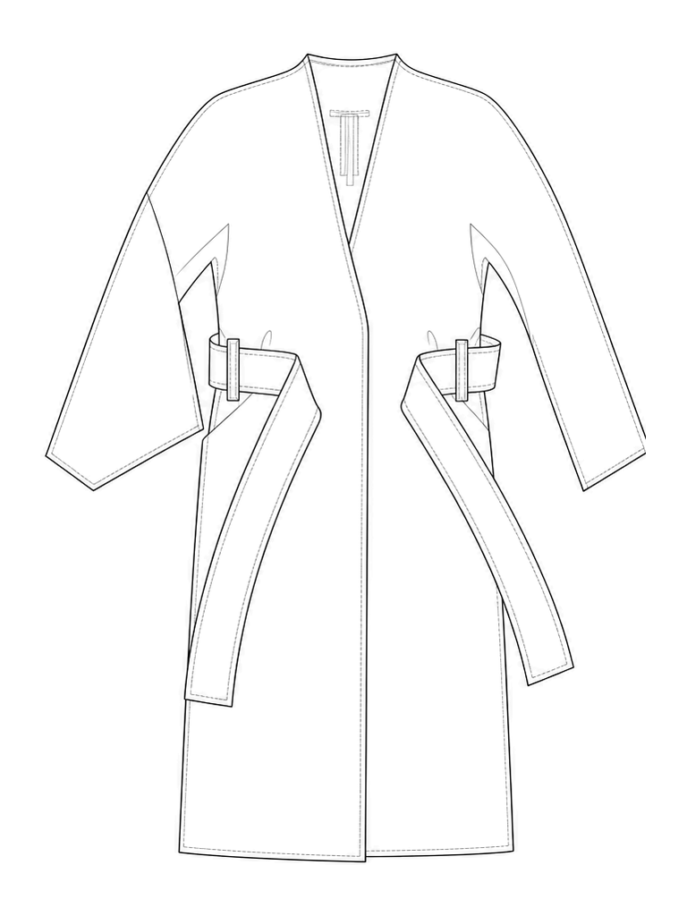 Boiled wool coat with one-piece sleeve: technical front view.