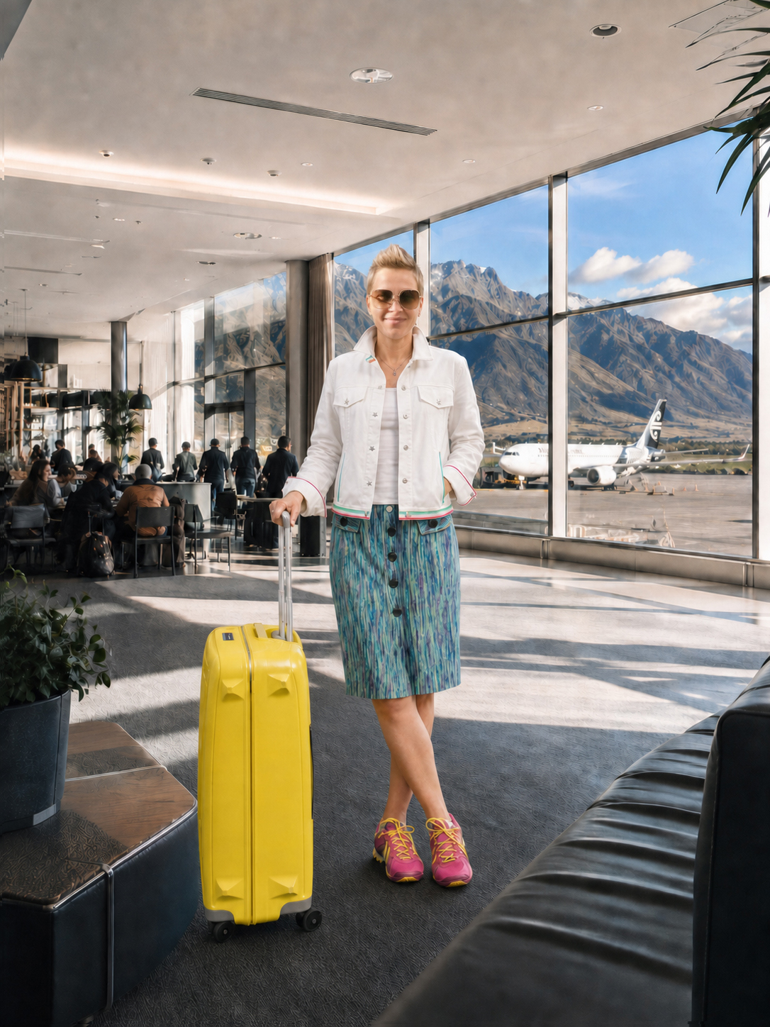 My white denim jacket and green multicoloured pencil skirt worn together with pink trainers, beside a yellow suitcase at Queenstown Airport.