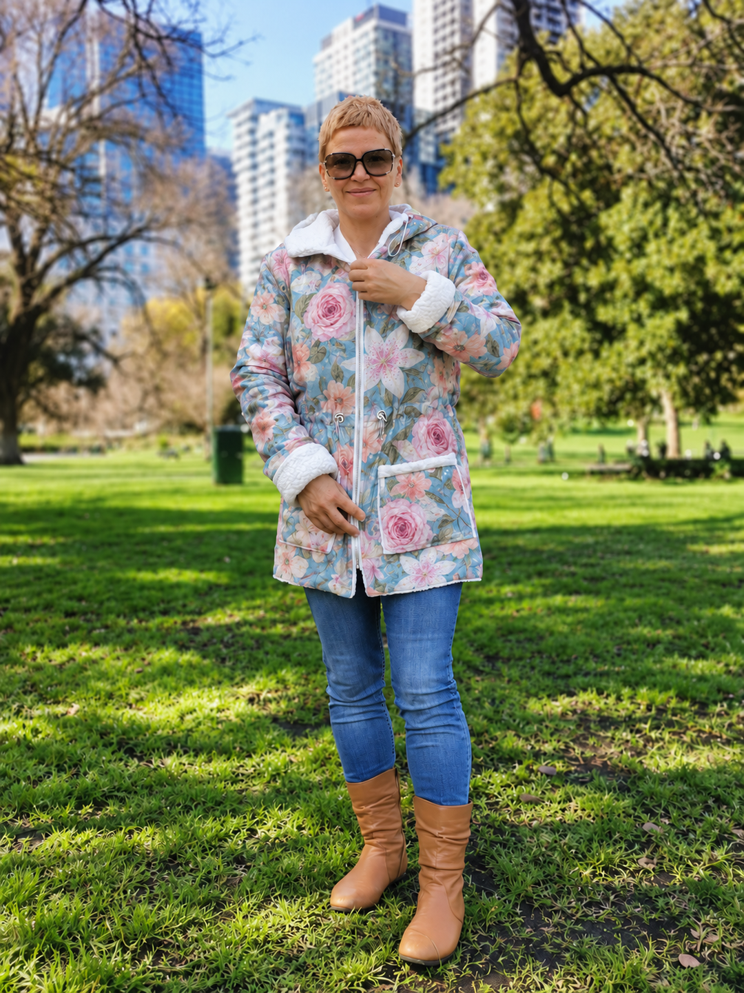 My floral organza parka with white faux-fur finishing, worn with blue jeans and tan boots.