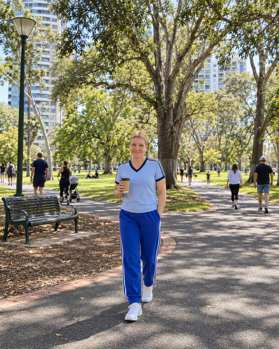 My pale-blue V-neck T-shirt with navy neck and sleeve bands, worn with the royal-blue sport pants.