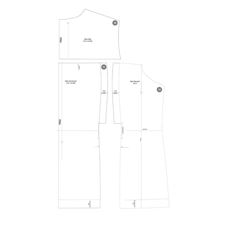 The supplied back-pattern excerpt showing the yoke, centre back cut on the fold and side back with pleat allowances.