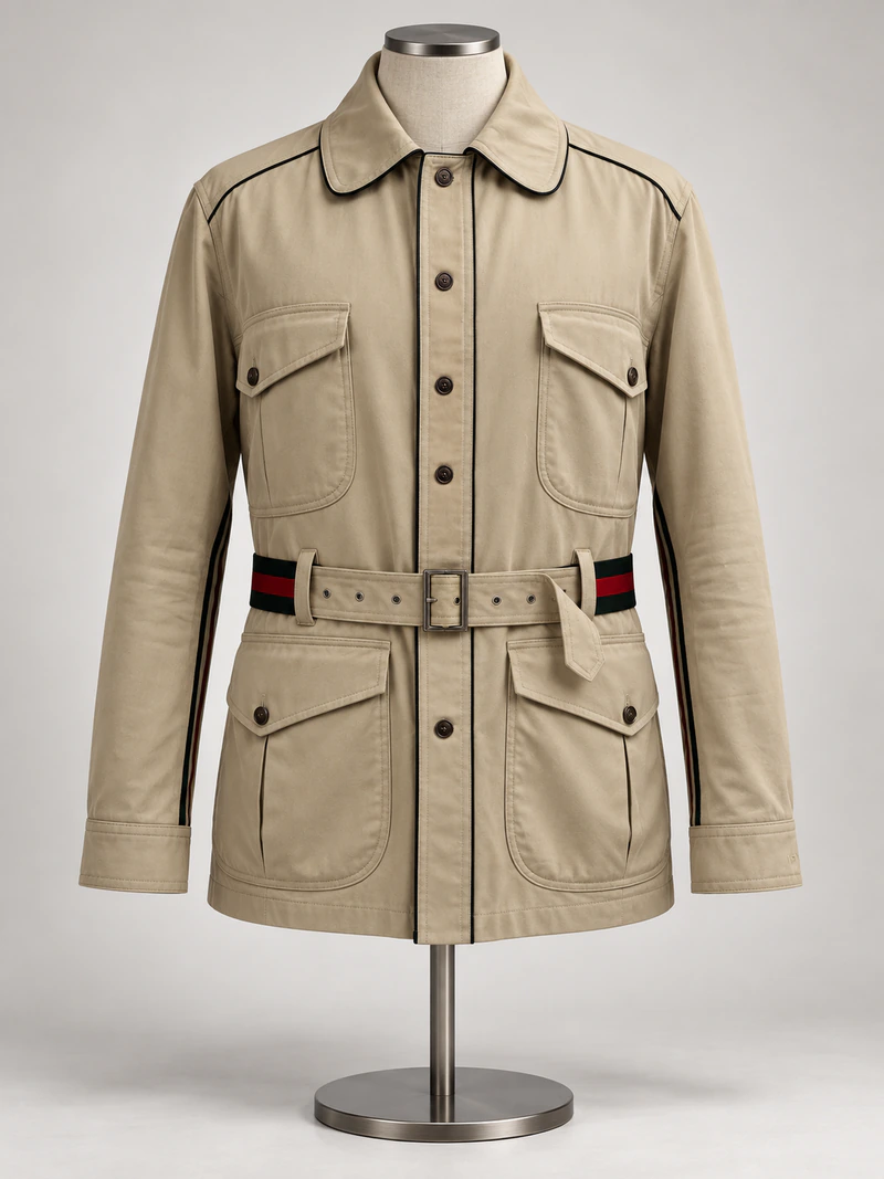 Front of the safari jacket, showing the collar, four flap pockets and buckled belt.