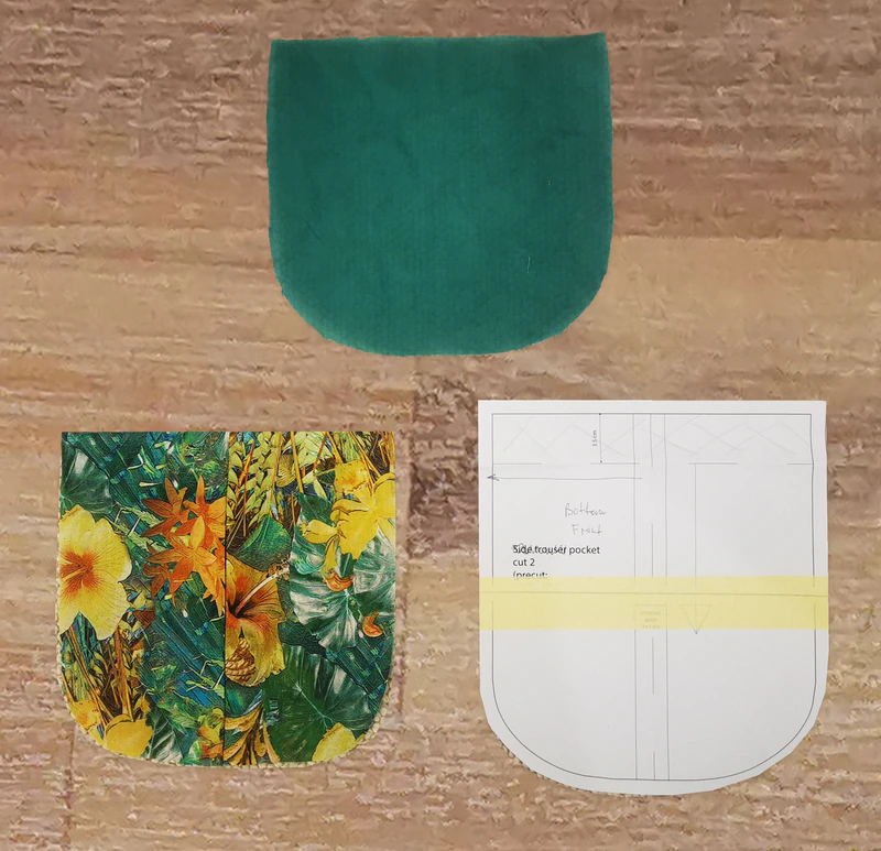 The green pocket lining is cut without the cut-on facing.