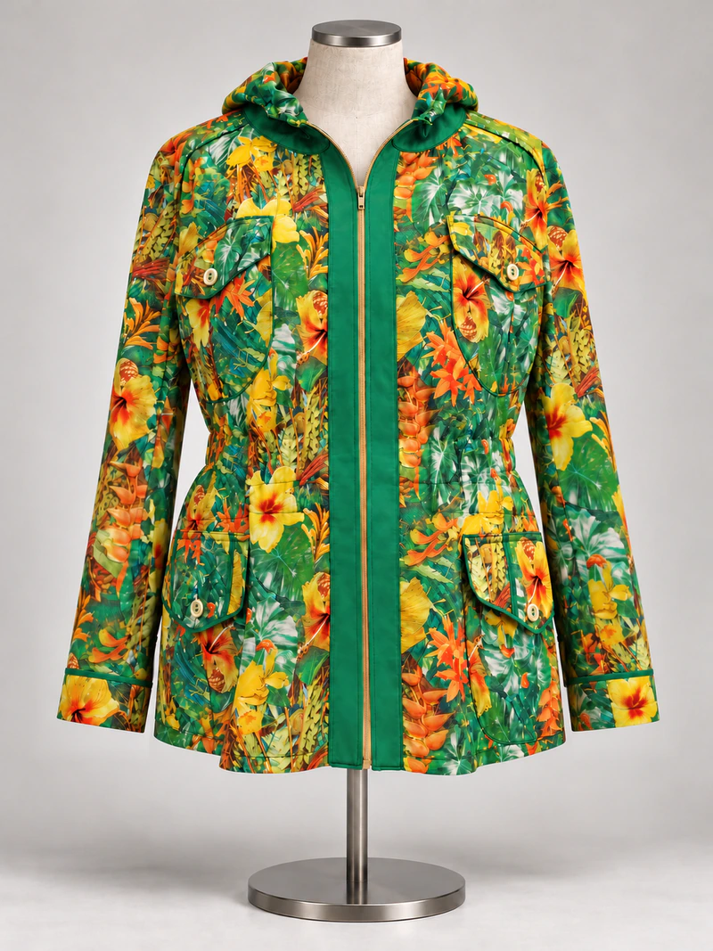 My floral silk safari jacket on a mannequin, with a hood, four pleated flap pockets and a green zip front.