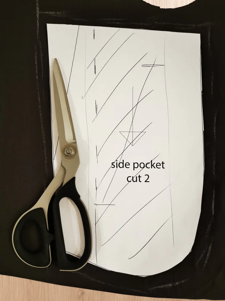 Paper side-pocket pattern piece and scissors on brown lining, with a chalk outline around the pattern.