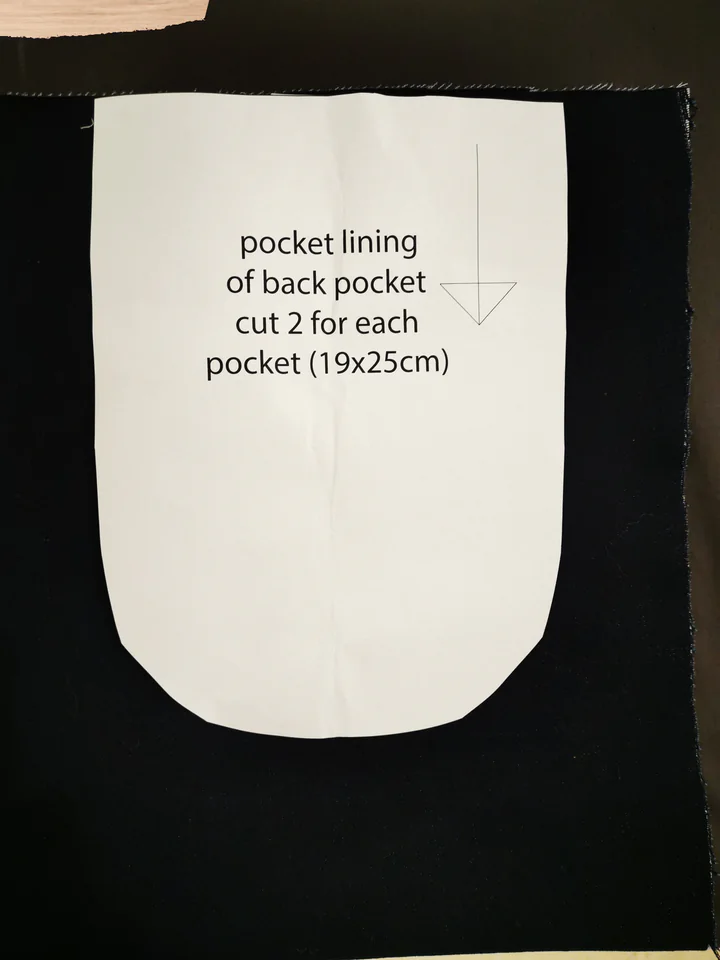 Paper back-pocket pattern piece labelled cut 2 for each pocket and 19 by 25 centimetres.