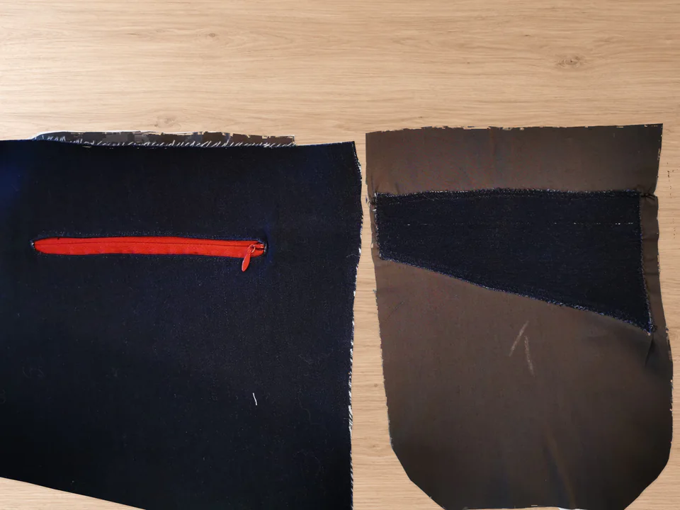 Zipped trouser back beside the prepared brown pocket-bag backing with its navy pocket facing.