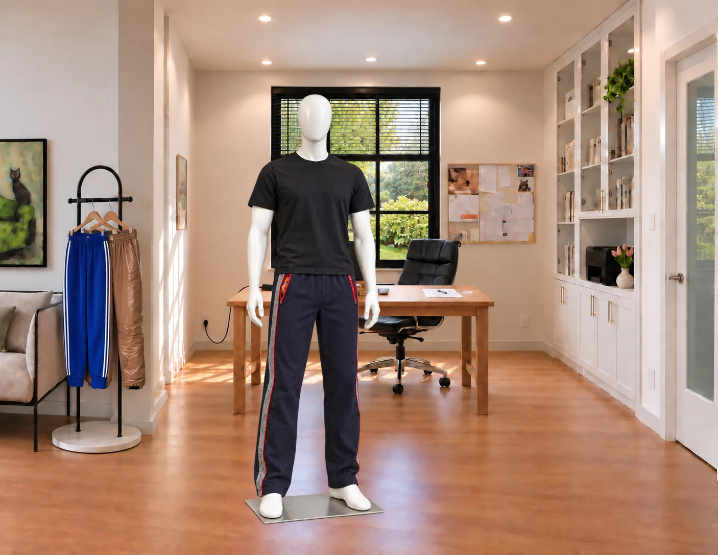 The Tobi pants on a mannequin, with red zip pockets and herringbone side stripes.